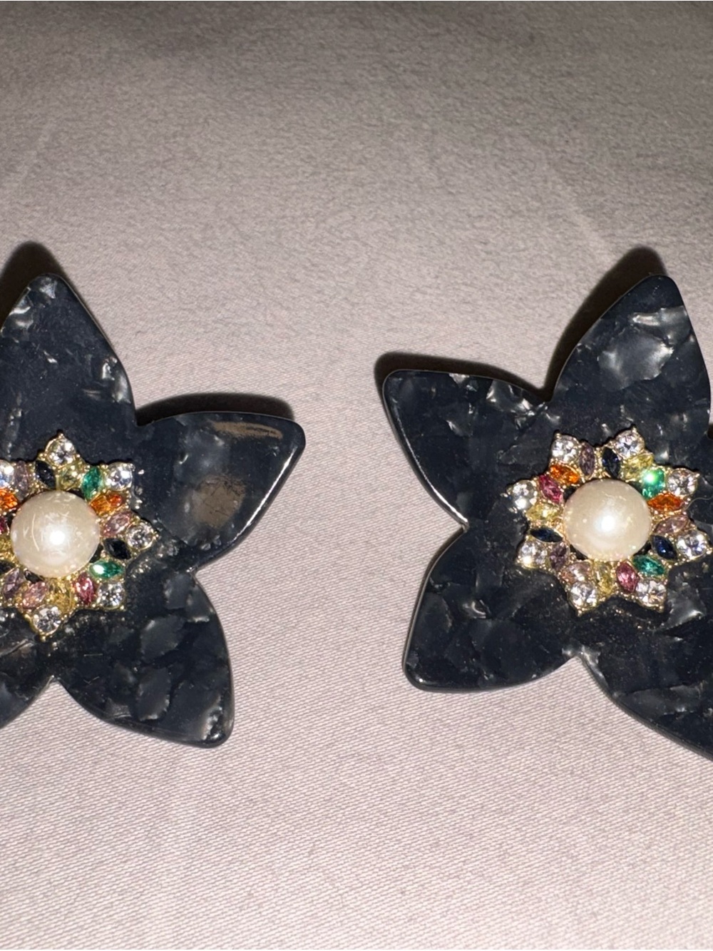 BaubleBar Black Floral Stud Earrings with Pearl and Rainbow Crystals